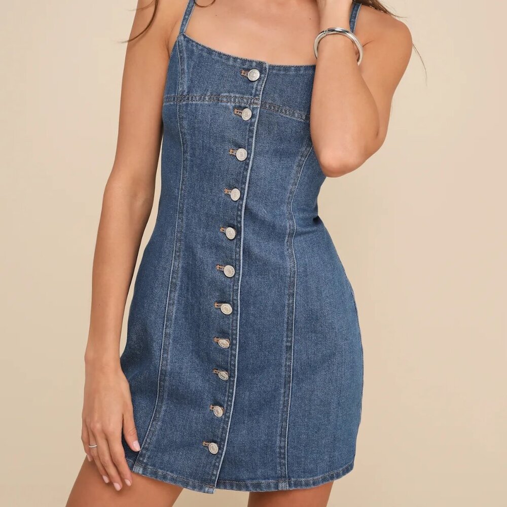 Lulus Admirable Status Medium Wash Denim Button-front Mini Dress Blue - Size M